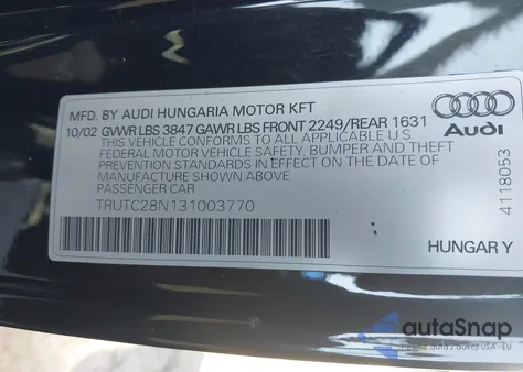 2003 Audi Tt 1.8L из США, поврежденный, VIN TRUTC28N131003770